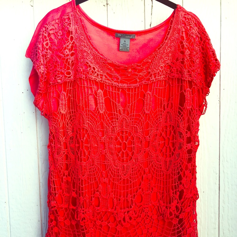 Coral blouse with lace overlay
